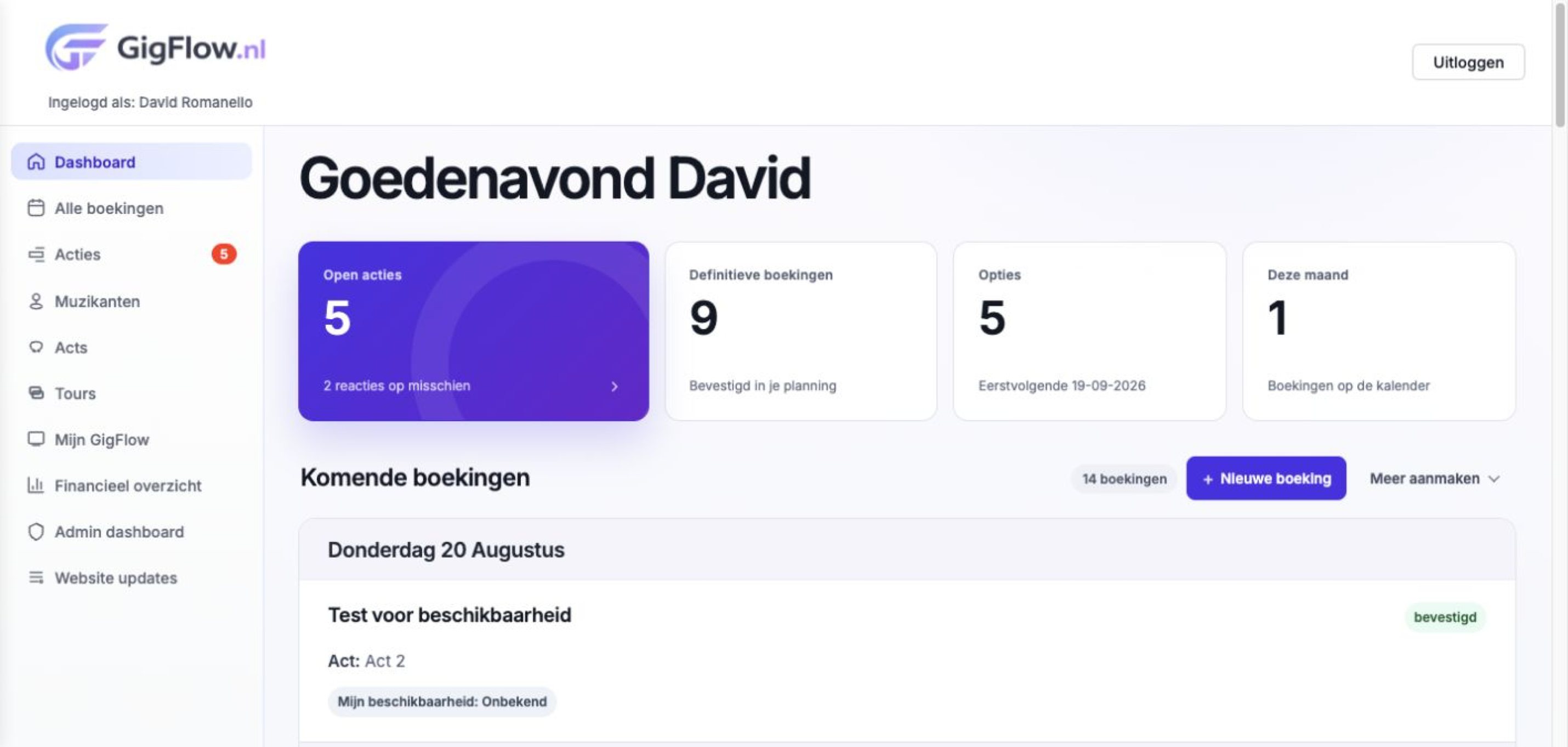 GigFlow dashboard op desktop